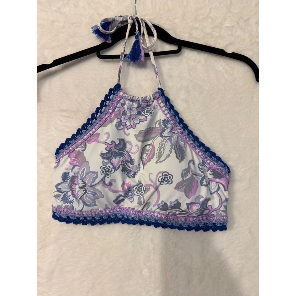 Becca Floral Crochet‎ Trim Halter Bikini Top Purple Blue Tassel Size D